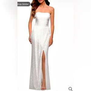 NWT La Femme White Glitter Sequin Strapless Criss Cross Sexy High Slit Gown